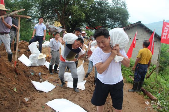 2016年，王三元（前排右一）與縣政協(xié)機(jī)關(guān)干部一起在沙畈河村抗洪搶險(xiǎn)_副本.jpg